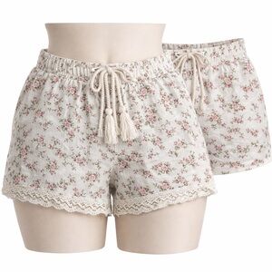 Lot of 2 Floral Cottagecore Lounge Shorts Pink Rose Drawstring Cotton Sz S